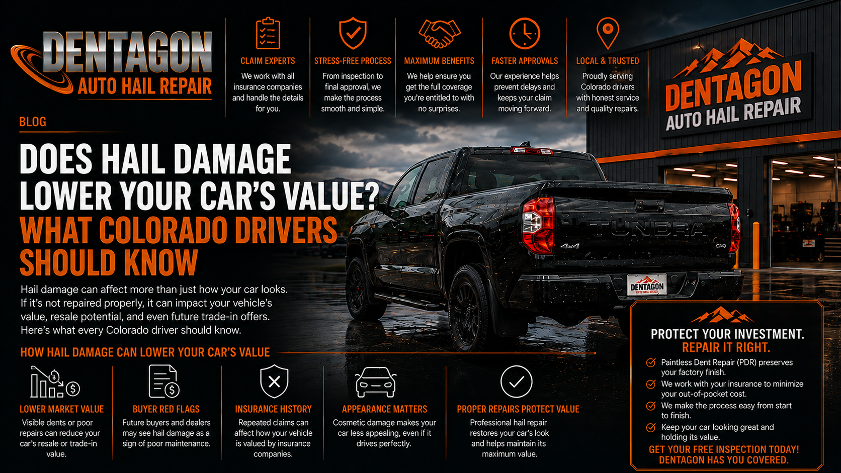 A black Toyota Tundra parked outside a Dentagon Auto Hail Repair facility next to blog text about how hail damage lowers car value.