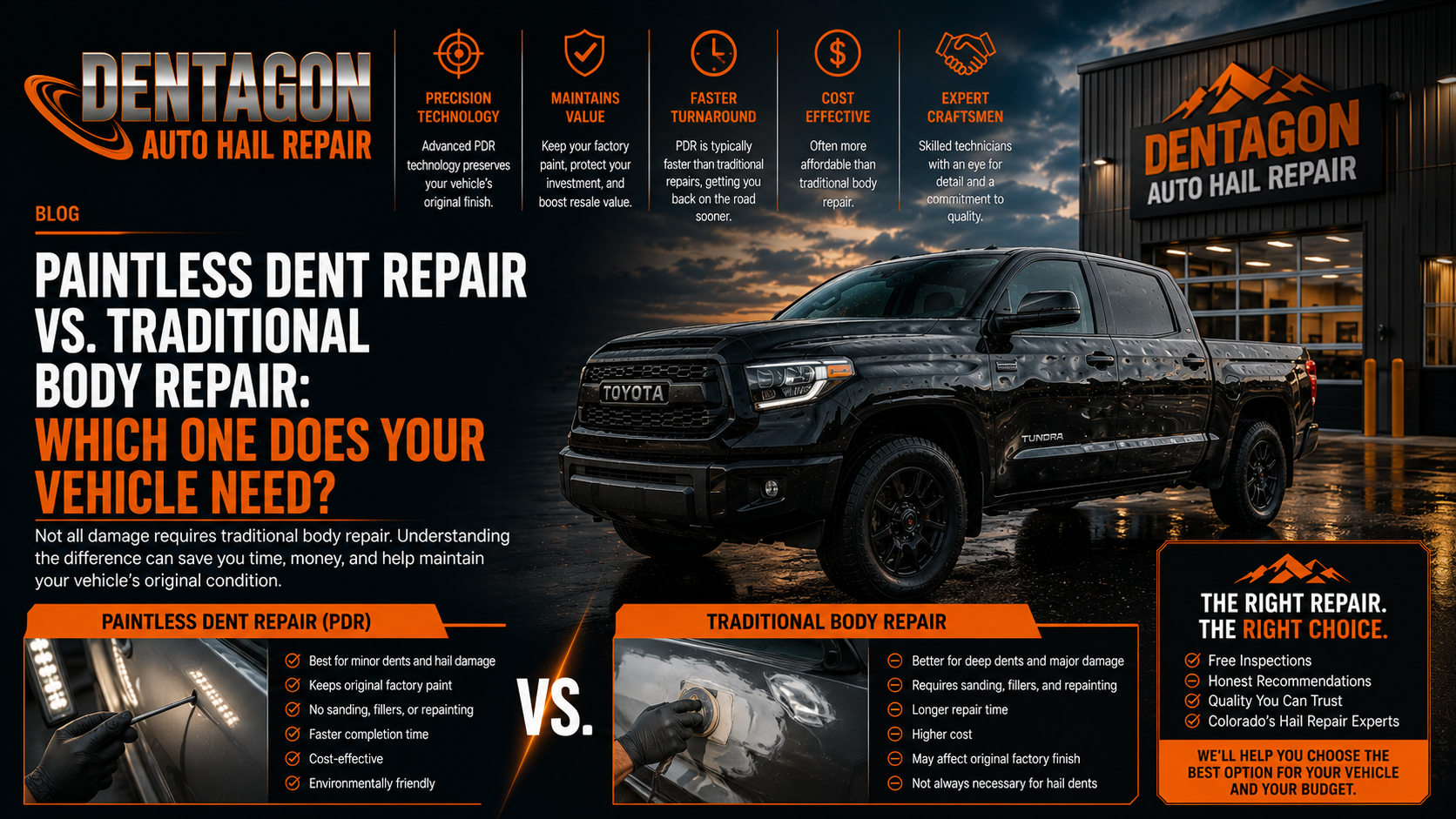 A wet black Toyota Tundra parked outside a Dentagon Auto Hail Repair shop next to blog header text comparing paintless dent repair and traditional body repair.