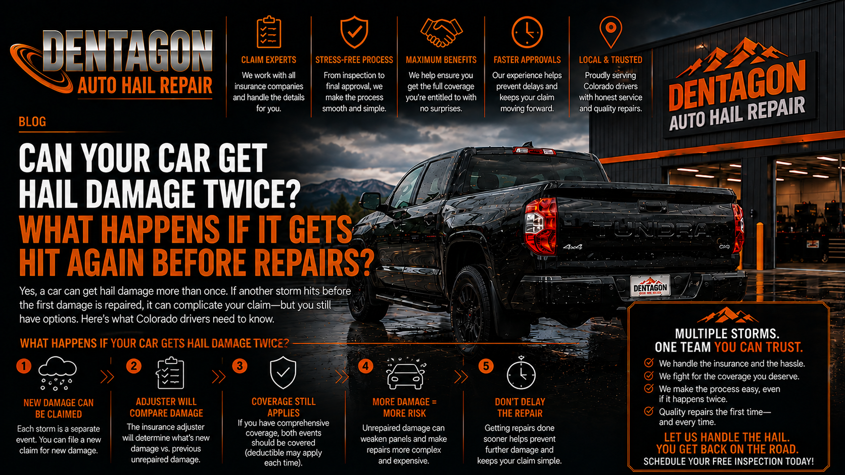 A black Toyota Tundra parked outside a Dentagon Auto Hail Repair shop next to blog text asking if a car can get hail damage twice.