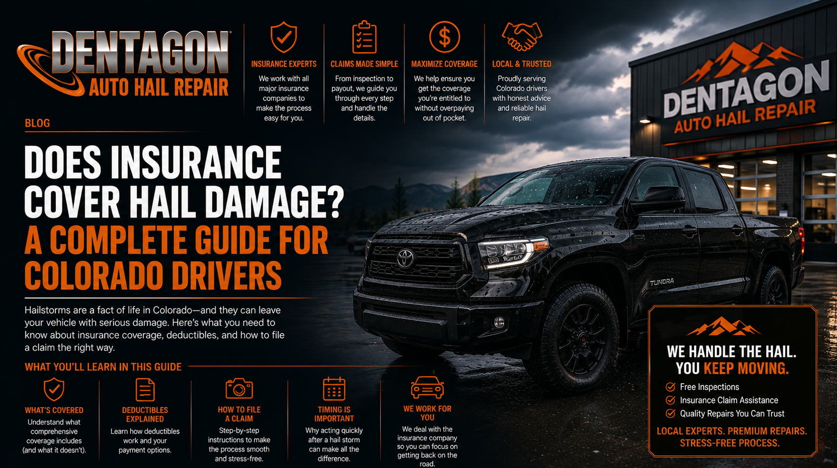 A wet black Toyota Tundra parked outside a Dentagon Auto Hail Repair shop next to blog header text about insurance coverage for hail damage.