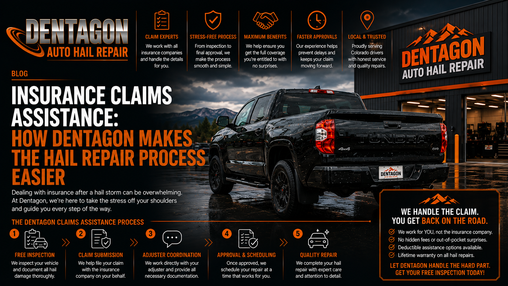 A black Toyota Tundra parked outside a Dentagon Auto Hail Repair shop next to blog text outlining insurance claims assistance steps.