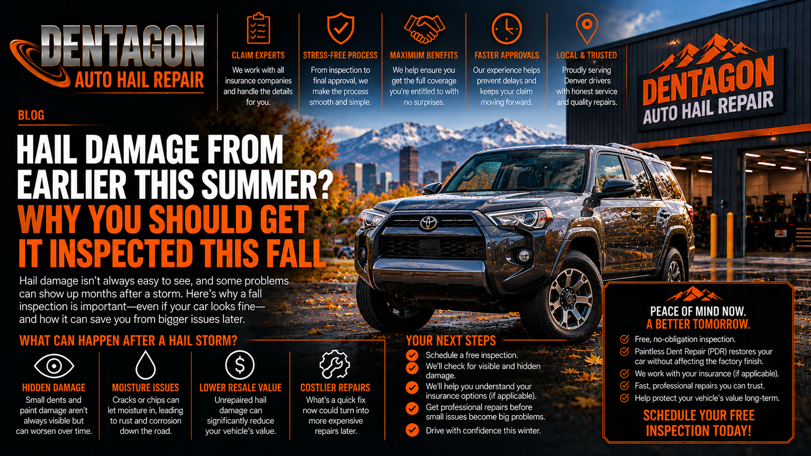 Dentagon Auto Hail Repair blog graphic titled Hail Damage from Earlier This Summer, Why You Should Get It Inspected This Fall, featuring a hail-damaged SUV parked outside the Dentagon shop with the Denver skyline and mountains in the background, covering hidden damage, moisture issues, lower resale value, and costlier repairs
