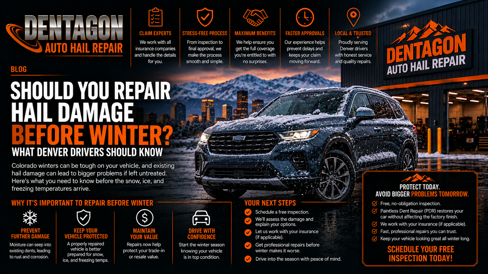 Dentagon Auto Hail Repair blog graphic titled Should You Repair Hail Damage Before Winter, What Denver Drivers Should Know, featuring a snow-covered SUV at dusk with the Denver skyline and mountains in the background, covering next steps and reasons to repair before winter