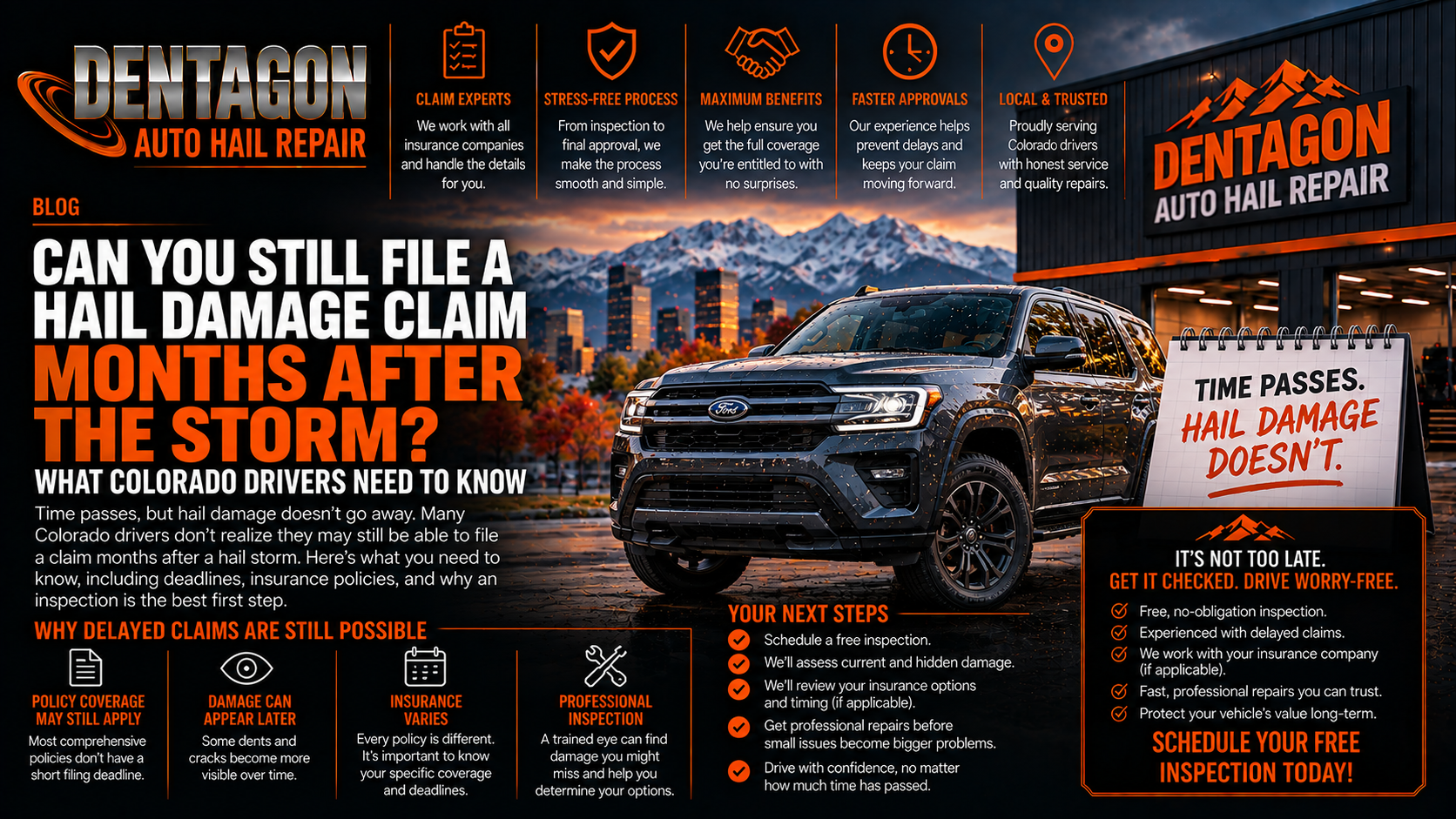 Dentagon Auto Hail Repair blog graphic titled Can You Still File a Hail Damage Claim Months After the Storm, What Colorado Drivers Need to Know, featuring a rain-speckled SUV parked outside the Dentagon shop with the Denver skyline and mountains in the background, covering policy coverage, hidden damage, and insurance timing