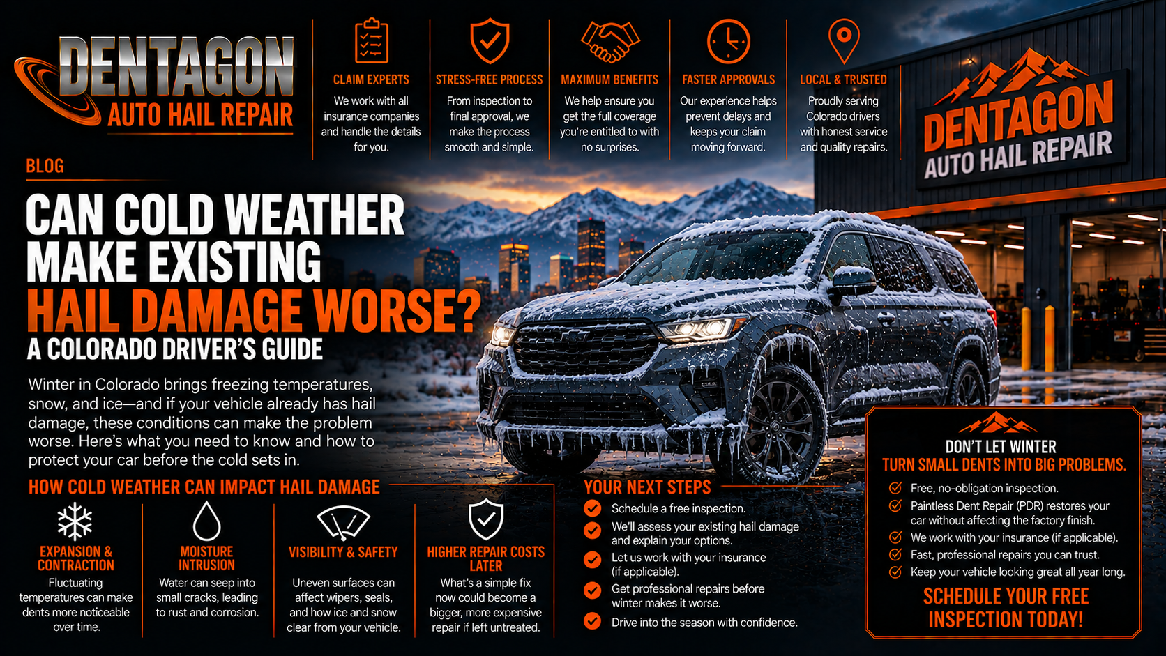 Dentagon Auto Hail Repair blog graphic titled Can Cold Weather Make Existing Hail Damage Worse, A Colorado Driver's Guide, featuring an ice-covered SUV parked outside the Dentagon shop with the Denver skyline and mountains in the background, covering expansion and contraction, moisture intrusion, visibility, and higher repair costs