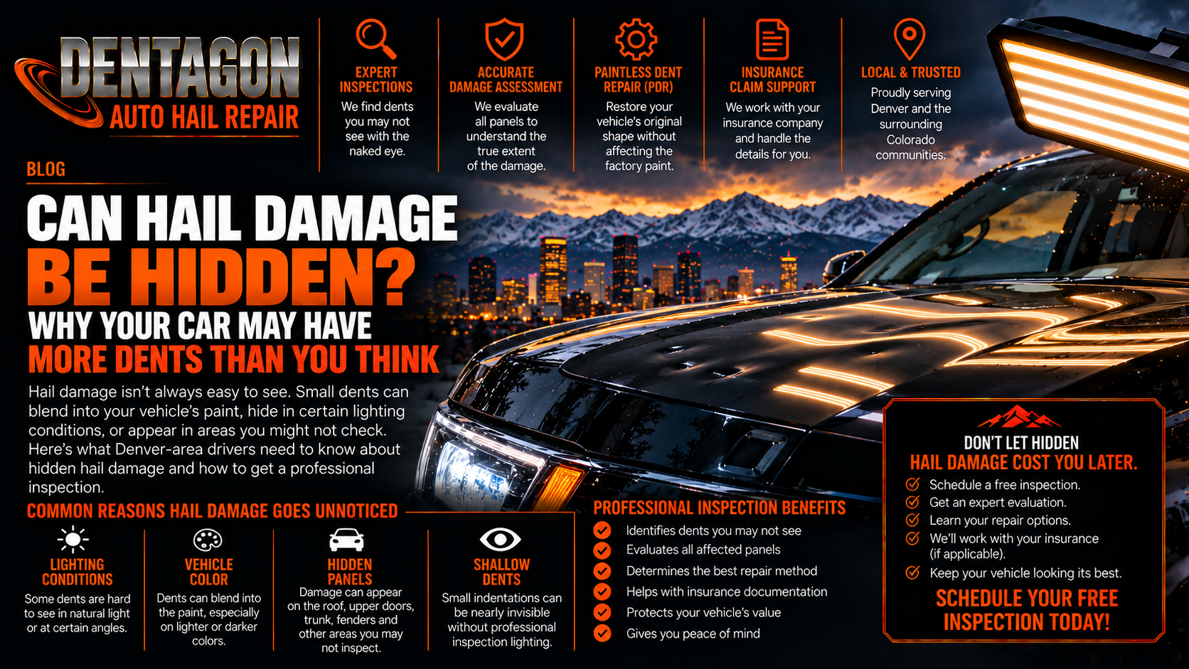 Dentagon Auto Hail Repair blog image showing hidden hail dents on a black vehicle under professional LED inspection lighting, with the Denver skyline and Colorado Rocky Mountains in the background.